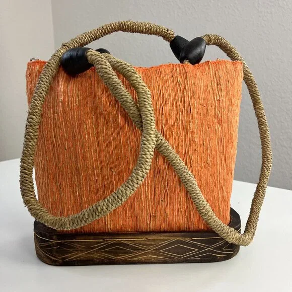 Orange Brown Natural Woven Wood Purse Tote Shoulder Bag Zip Closure - Picture 3 of 16